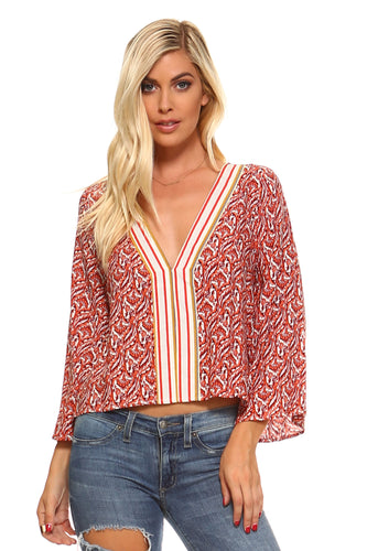 Boho Striped V-Neck Bell Sleeve Top